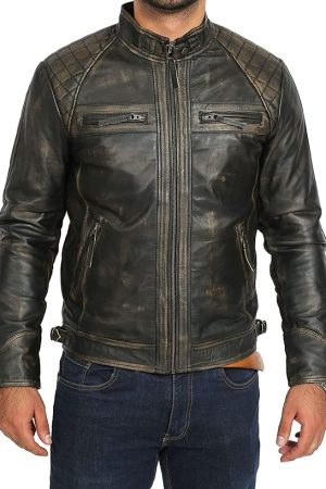 Men's Distressed Black Quilted Biker Leather Jacket Black Friday Sale