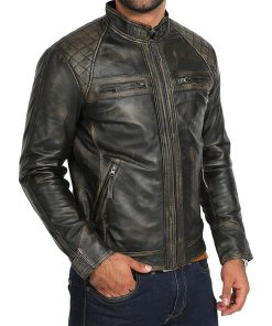 Men's Distressed Black Quilted Biker Leather Jacket Buy now