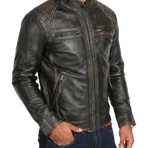 Men's Distressed Black Quilted Biker Leather Jacket Buy now