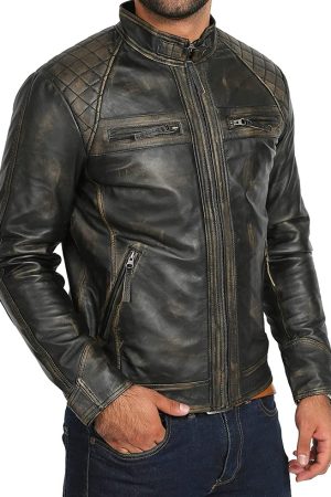 Men's Distressed Black Quilted Biker Leather Jacket Buy now