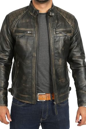 Men's Distressed Black Quilted Biker Leather Jacket Christmas Sale