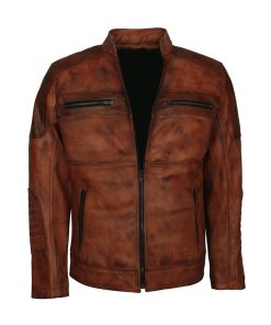 Biker Distressed Brown Leather Jacket Men Free Shipping UK USA Canada
