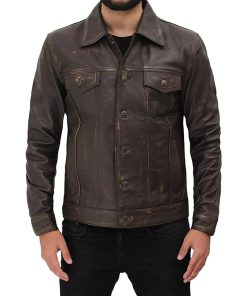 Brown Distressed Biker Trucker Leather Jacket