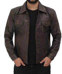 Brown Distressed Biker Trucker Leather Jacket Gifts For Him