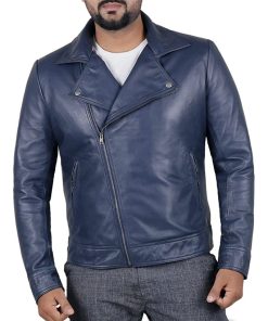 Classic Mens Brando Blue Leather Biker Jacket