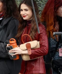 Emily in Paris Lily Collins Red Leather Jacket