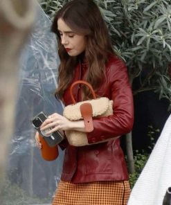 Emily in Paris Lily Collins Red Leather Jacket Hot Sale