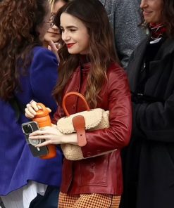 Emily in Paris Lily Collins Red Leather Jacket Neflix Celebrity wear sale