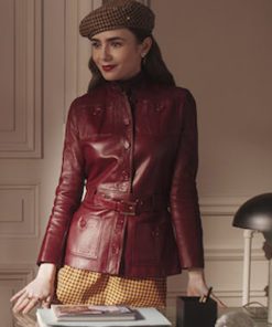 Emily in Paris Lily Collins Red Leather Jacket USA UK Free Shipping