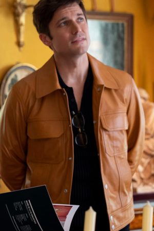Emily in Paris Lucas Bravo Brown Leather Jacket