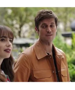 Emily in Paris Lucas Bravo Brown Leather Jacket Christmas Sale