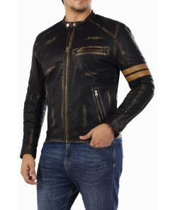 Men's Black Distressed Biker Striped Leather Jacket