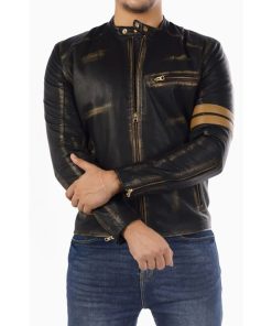 Men's Black Distressed Biker Striped Leather Jacket Free Shipping UK USA Europe