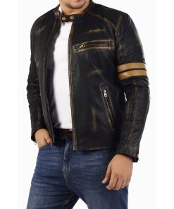 Men's Black Distressed Biker Striped Leather Jacket Gifts for Him