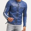 Men's Fashion Striped Biker Blue Leather Jacket