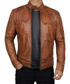 Mens SWORD Brown Waxed Biker Vintage Classic Leather Jacket
