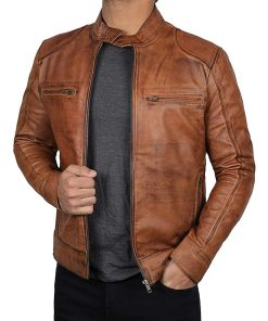 Mens SWORD Brown Waxed Biker Vintage Classic Leather Jacket Sale