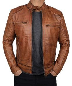 Mens SWORD Brown Waxed Biker Vintage Classic Leather Jacket Shop now Christmas Sale