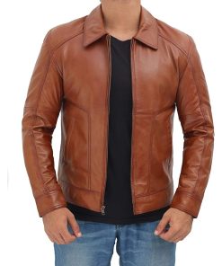 Men's Tan Distressed Classic Biker Leather Jacket