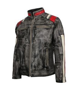Mens Vintage Biker Distressed Grey Retro Leather Motorcycle Jacket