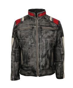 Mens Vintage Biker Distressed Grey Retro Motorcycle Leather Jacket shop now