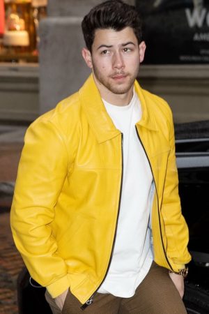 Nick Jonas Yellow Biker Leather Jacket USA UK Free Shipping