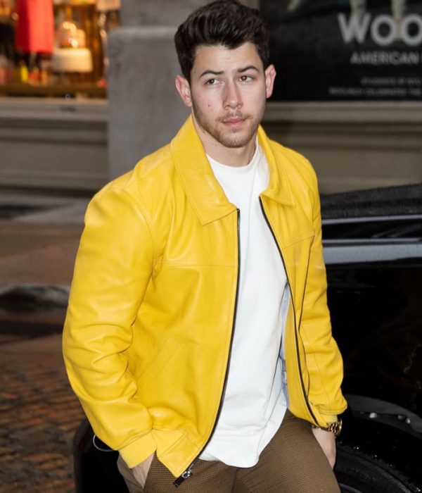 Nick Jonas Yellow Biker Leather Jacket USA UK Free Shipping