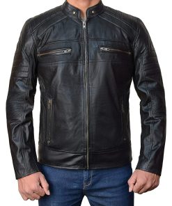 Vintage Biker Black Leather Cafe Racer Jacket