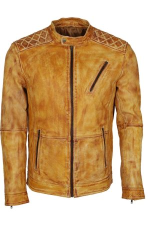 Yellow Waxed Designer Mens Leather Biker Jacket Shop now Gifts for Him this Halloween Winter Sale