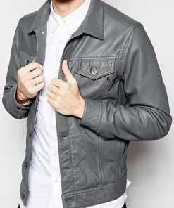 Biker Classic Retro Men Gray Leather Trucker Jacket