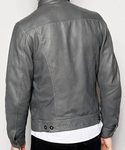 Biker Classic Retro Men Gray Leather Trucker Jacket Free Shipping UK USA Canada