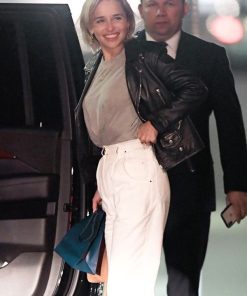 Emilia Clarke Brando Biker Black Leather Jacket Buy now