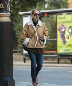 Emilia Clarke Brown Suede Leather Shearling Jacket Free Shipping UK USA Canada