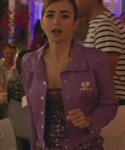Emily in Paris Lilly Collins Purple Leather Jacket Womens Celebrity Sale
