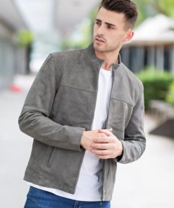 Men's Gray Classic Retro Motorbiker Leather Suede Jacket Free Shipping Worldwide