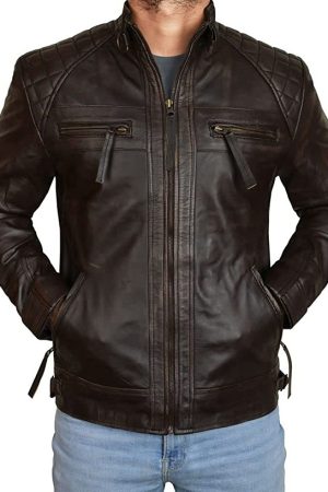 Mens Quilted Biker Brown Distressed Leather Jacket