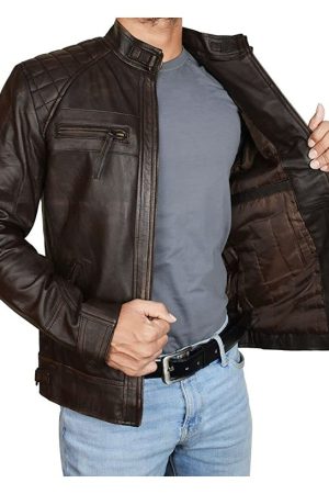 Mens Quilted Biker Brown Distressed Leather Jacket Buy now