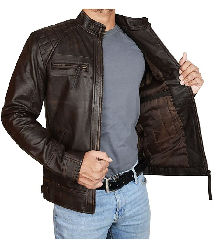 Mens Quilted Biker Brown Distressed Leather Jacket Buy now