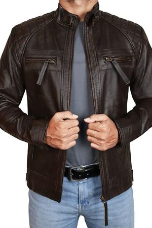 Mens Quilted Biker Brown Distressed Leather Jacket Free Shipping
