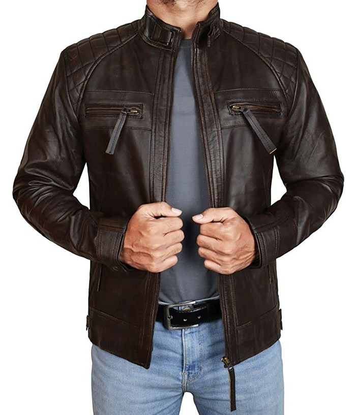 Mens Quilted Biker Brown Distressed Leather Jacket Free Shipping