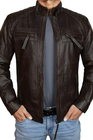 Mens Quilted Biker Brown Distressed Leather Jacket UK USA Canada Sale