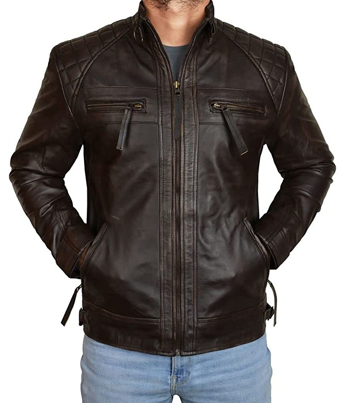 Mens Quilted Biker Brown Distressed Leather Jacket