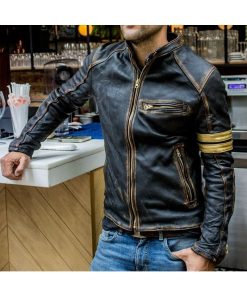 Retro Vintage Motorcycle Distressed Black Leather Jacket USA Sale