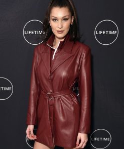 Bella Hadid Maroon Belted Leather Jacket Gifts for Her
