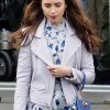 Emily In Paris Lily Collins White Leather Biker Jacket