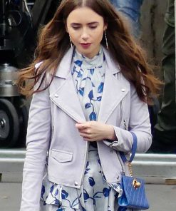Emily In Paris Lily Collins White Leather Biker Jacket