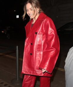 Womens Vintage Margot Robbie Red Leather Coat Free Shipping UK USA Canada