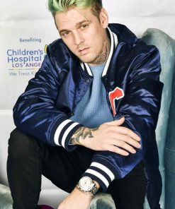 Aaron Carter Blue Satin Bomber Jacket Free Shipping Worldwide