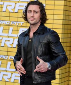 Aaron Taylor Bullet Train Black Leather Jacket on Sale