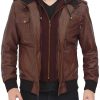 Men's Bomber Brown Hooded Leather Jacket